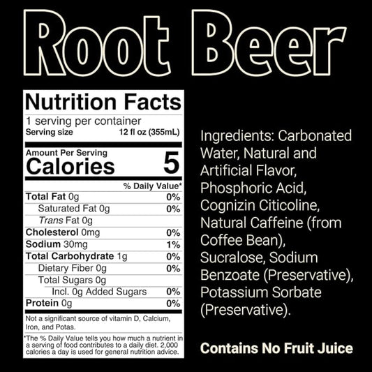 BUM Sugar-Free Energy Drink, Root Beer - Lightly Carbonated & No Artificial Colors, Natural Caffeine & Citicoline for Energy & Focus, Brain Boost & Workout Sports Beverage - 12 oz, Pack of 12