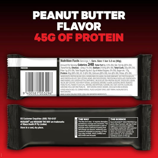 MUSASHI High Protein Bar, 45g Protein, 2g Total Sugars, Peanut Butter & Milk Chocolate Coated, Post Workout and Protein Snack On The Go, 12 Pack of 3.2oz (90g) Bars