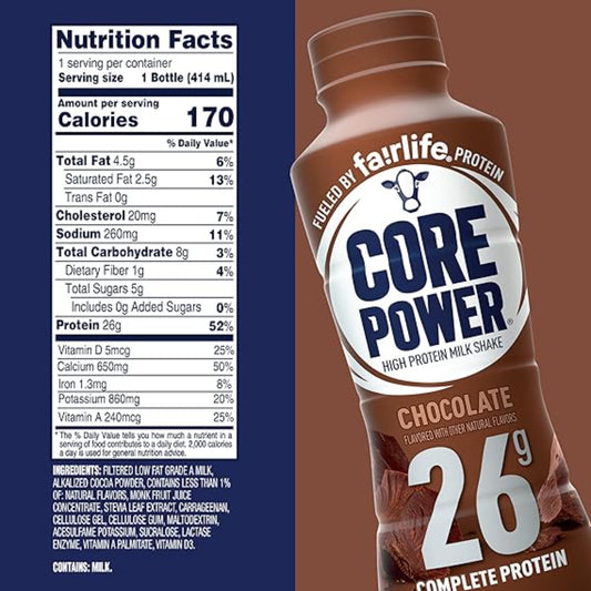 Core Power Protein Shake, Chocolate, 26g Bottle, 14oz, 12 Pack