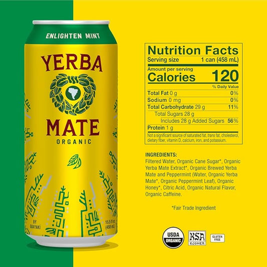 Guayakí Yerba Mate, Organic Energy Drink Alternative, Enlighten Mint, 150mg Natural Plant Based Caffeine, Better for You Energy & Focus, No Jitters or Crash, 15.5 Oz (Pack of 12) (Packaging May Vary)
