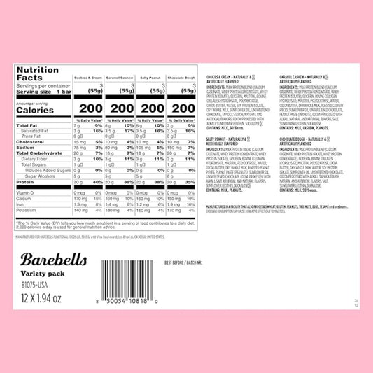 Barebells Protein Bars Variety Pack - 12 Count, 1.9oz Bars - Protein Snacks with 20g of High Protein - Chocolate Protein Bar with 1g of Total Sugars - Perfect on The Go Protein Snack & Breakfast Bars