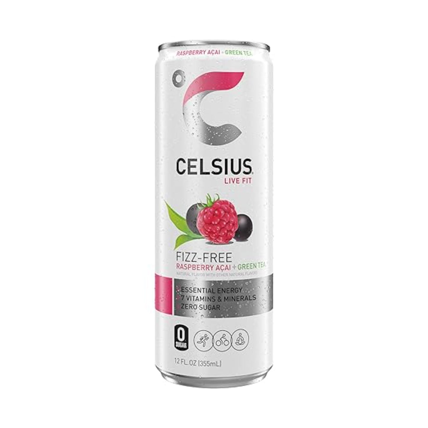 CELSIUS Raspberry Acai Green Tea, Functional Essential Energy Drink 12 Fl Oz (Pack of 12) Packaging may vary