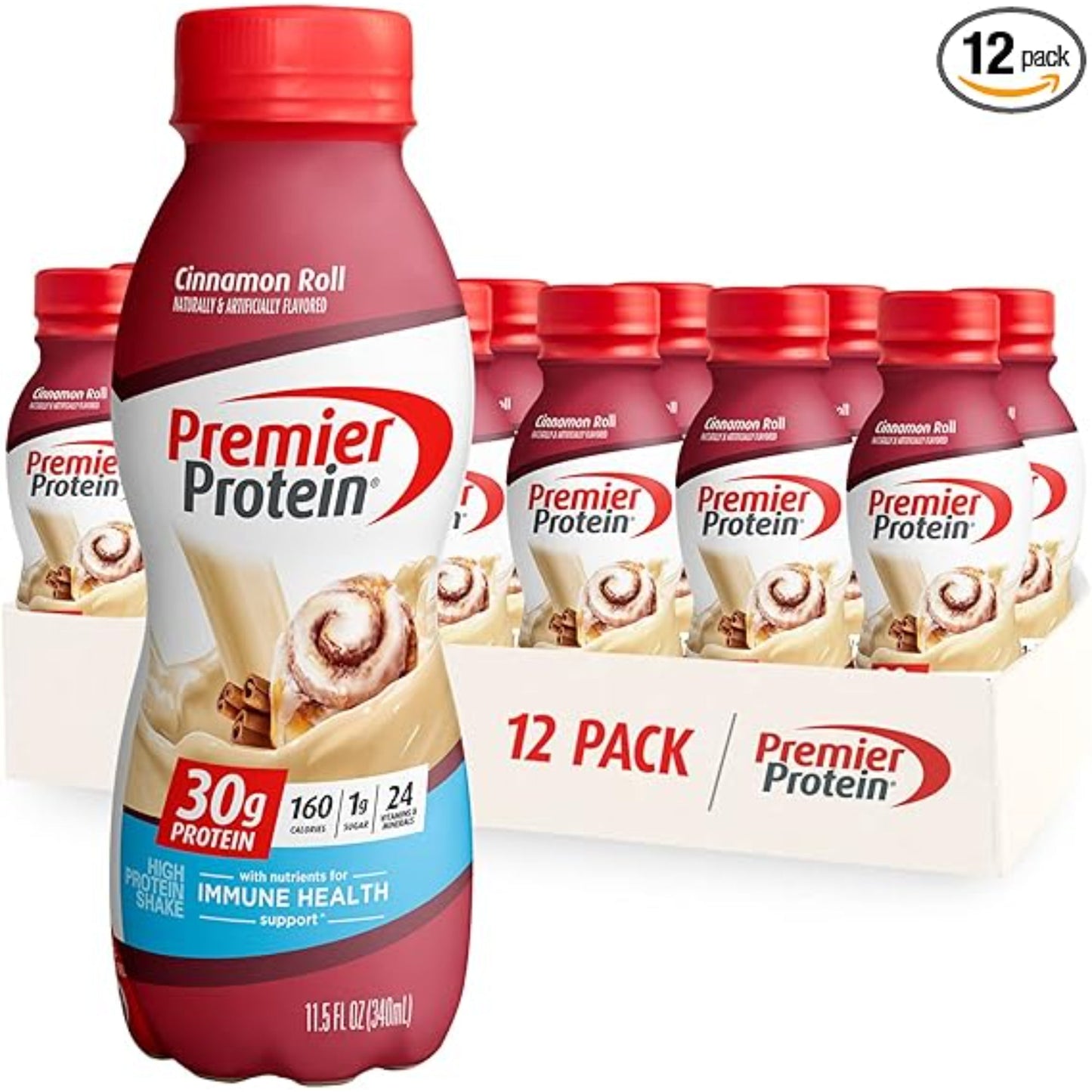 Premier Protein Shake, 30g Protein, 1g Sugar,24 Vitamins&Minerals Nutrients to Support Immune Health, Cinnamon Roll,11.5 fl oz - Pack of 12