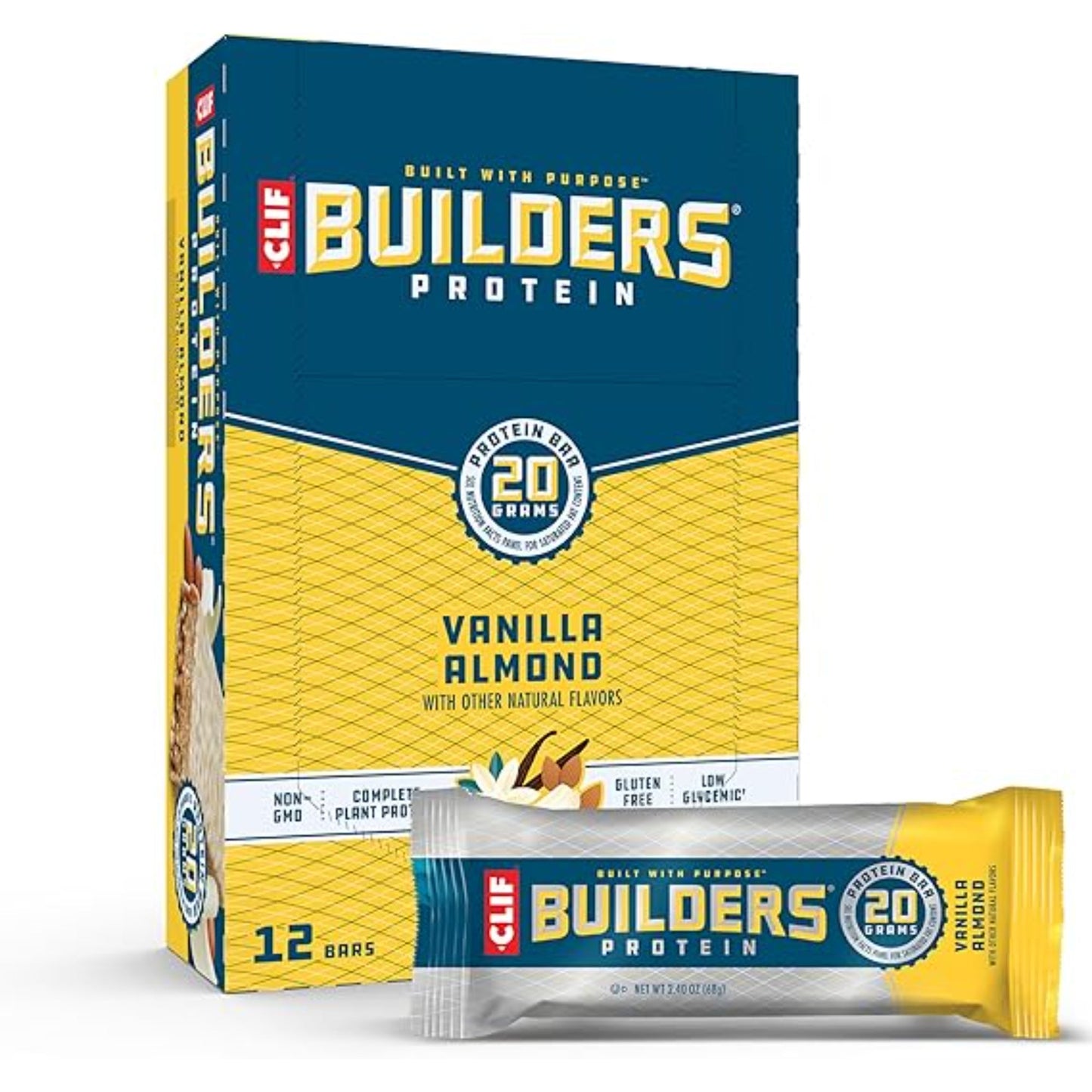 CLIF BUILDERS Protein Bars - Vanilla Almond Flavor - 20g Plant Based Protein - Gluten Free - Non-GMO - Low Glycemic - No Artificial Sweeteners - 2.4 oz. (12 Pack)