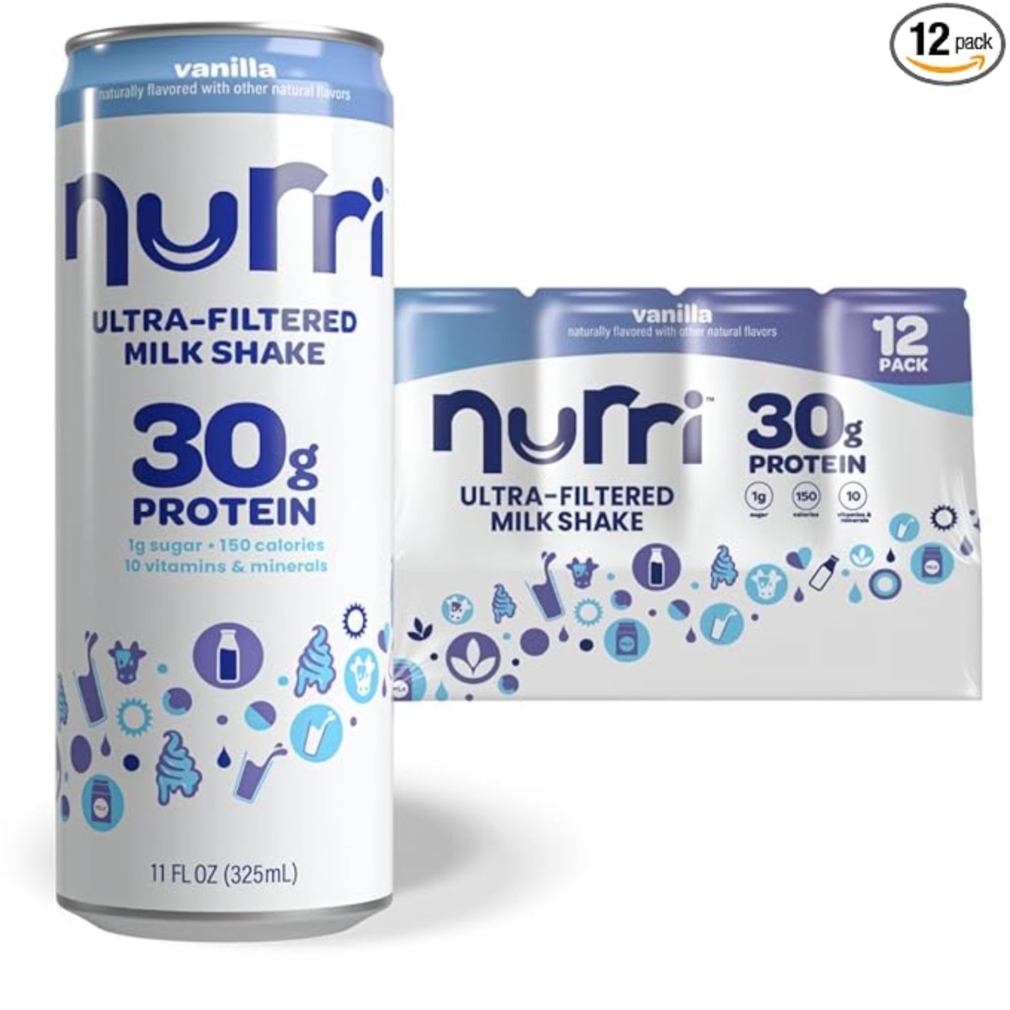 Nurri - 30g Protein Ultra Filtered Milk Shake – Vanilla - Lactose Free, Low Sugar, 150 Calories, 10 Vitamins and Minerals - 11 fl oz, 12 Cans