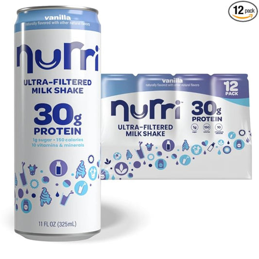 Nurri - 30g Protein Ultra Filtered Milk Shake – Vanilla - Lactose Free, Low Sugar, 150 Calories, 10 Vitamins and Minerals - 11 fl oz, 12 Cans