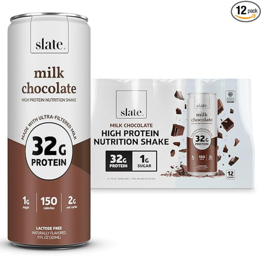 Slate Milk - High Protein Nutrition Shake - Milk Chocolate - 32g Protein, 1g Sugar, 150 Calories, 2g Net Carbs - Lactose Free - No Added Sugar - Breakfast Boost, Post Workout - 11 fl oz, 12 Cans