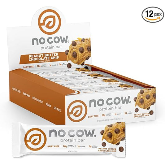 No Cow High Protein Bars, Peanut Butter Chocolate Chip - Healthy Snacks, 20g Vegan Protein, High Fiber, Low Sugar, Dairy & Gluten Free (12 Count)