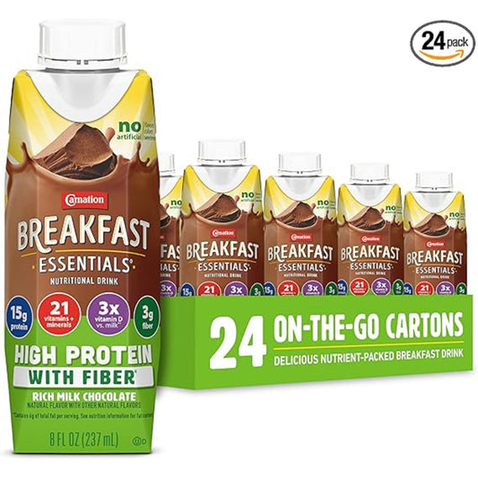 Carnation Breakfast Essentials High Protein with Fiber Ready-to-Drink, 8 FL OZ Carton, Rich Milk Chocolate (Pack of 24)