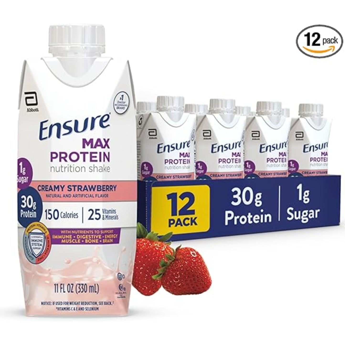 Ensure Max Protein Shake | Creamy Strawberry | Ready to Drink | 30g Protein for Muscle Health | 1g Sugar, 4g Fiber | 11 fl oz, 12 Pack
