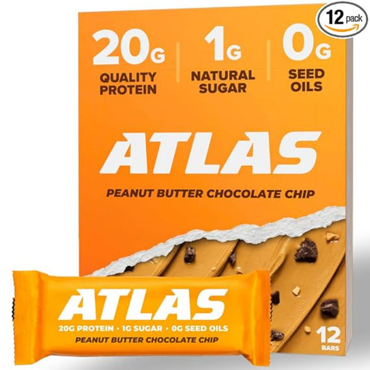 Atlas Protein Bar – 20g Clean Protein, 1g Natural Sugar, No Seed Oils, Gluten Free, No Artificial Sweeteners, Peanut Butter Chocolate Chip, 12 Count