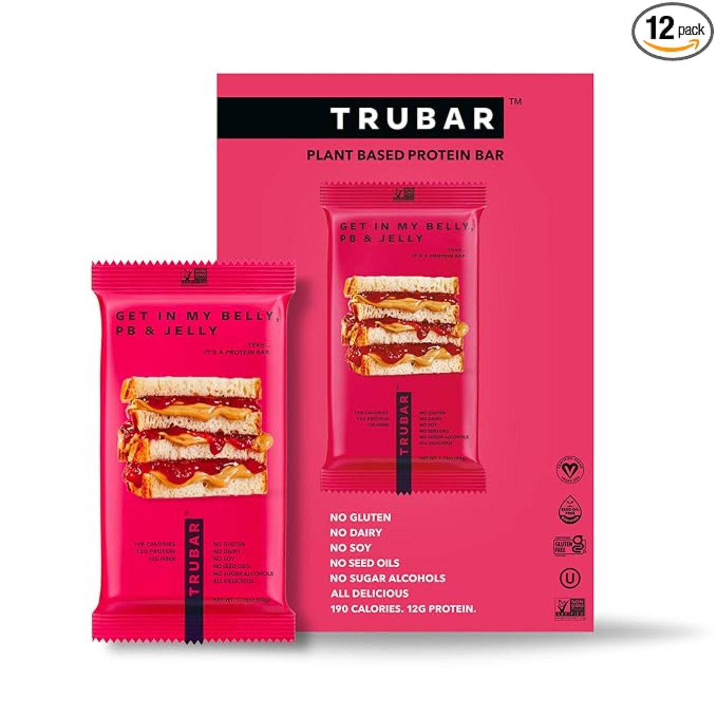 TRUBAR Vegan Protein Bar, Get In My Belly Pb & Jelly, Gluten Free, Plant Based, High Fiber, Dairy Free, Low Fat, Non GMO, No Sugar Alcohols, 12G Lean Protein, 13G Fiber, Healthy Snack Bars, 12 CT
