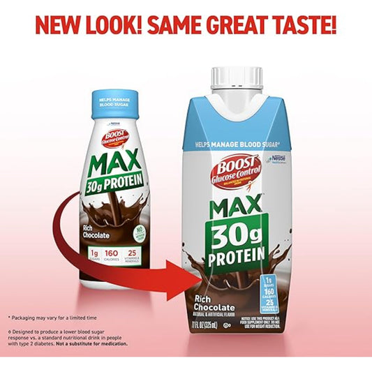 BOOST Glucose Control Max 30g Protein Nutritional Drink, Rich Chocolate, 11 Fl Oz (Pack of 12), Packaging May Vary