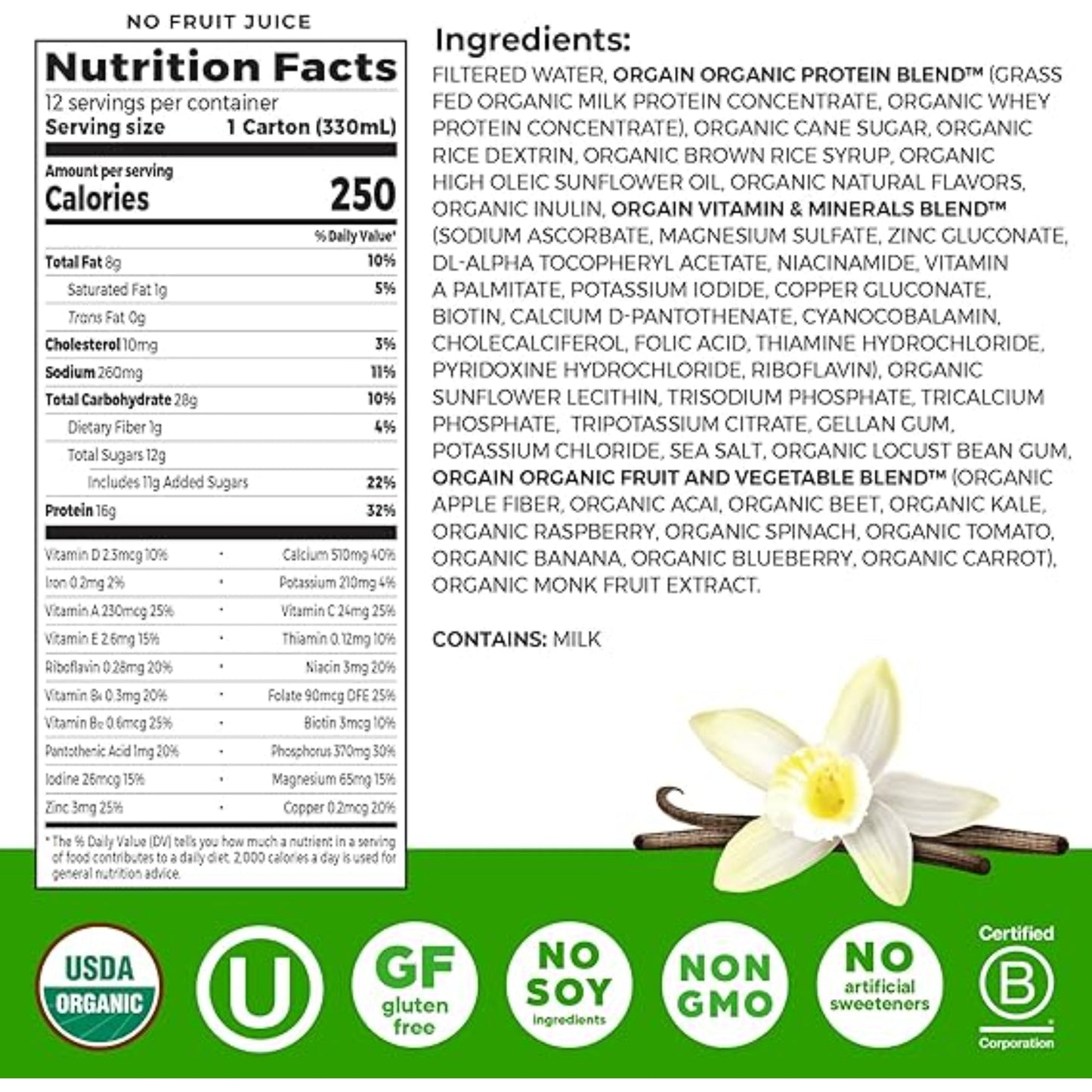 Orgain Organic Nutritional Protein Shake, Vanilla Bean - 16g Grass Fed Whey Protein, Meal Replacement, 20 Vitamins & Minerals, Fruits & Vegetables, Gluten Free, Non-GMO, 11 Fl Oz (12 Pack)