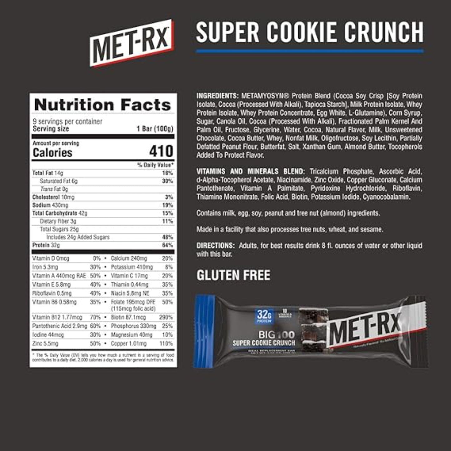MET-Rx Big 100 Protein Bar, Meal Replacement Bar, 32G Protein, Super Cookie Crunch, 9 Bars (Pack of 1)