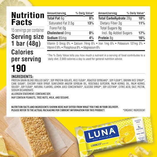 LUNA Bar - LemonZest Flavor - Gluten Free Snack Bars - Non-GMO - Protein Bars - Made with Organic Oats - Value Pack (12 Pack)