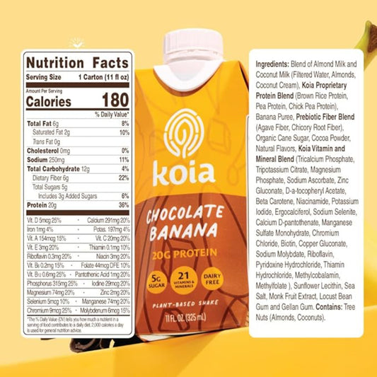 Koia Plant Based Protein Shake, Chocolate Banana, 20g Protein, 5g Sugar, 6g Prebiotic Fiber, 21 Vitamins & Minerals, Meal Replacement Drinks, Dairy-Free, Gluten-Free, Non-GMO, 11 Fl Oz (Pack of 12)