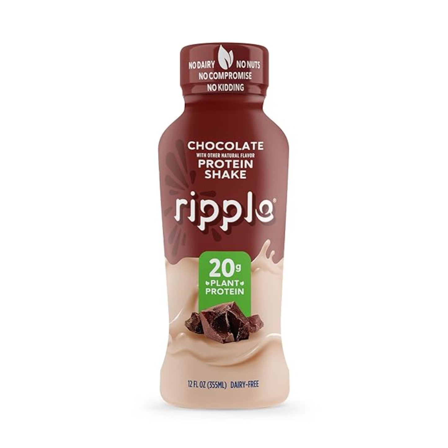Ripple Vegan Protein Shake | Chocolate | 20g Nutritious Plant Based Pea Protein | Shelf Stable | No GMOs, Soy, Nut, Gluten, Lactose | 12 Oz, 12 Pack