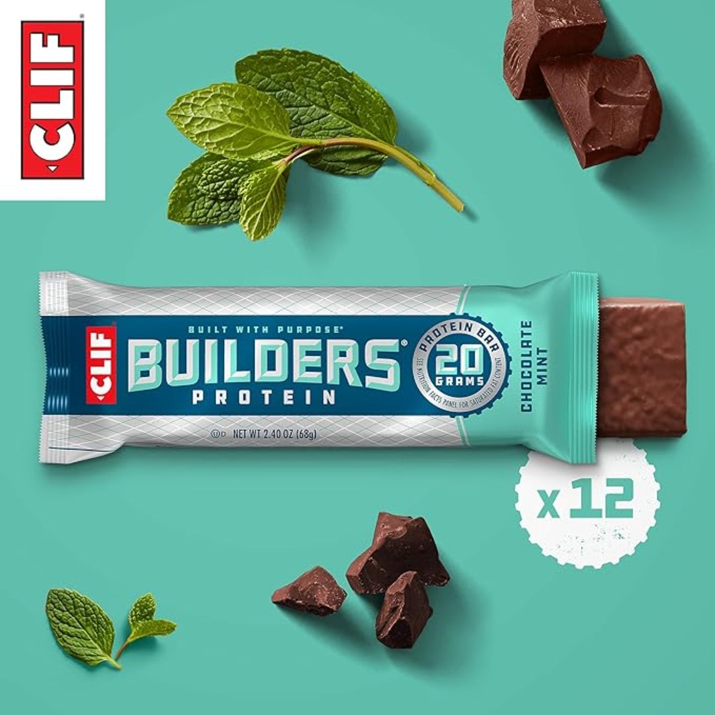 CLIF BUILDERS Protein Bars - Chocolate Mint Flavor - 20g Plant Based Protein - Gluten Free - Non-GMO - Low Glycemic - No Artificial Sweeteners - Value Pack, 2.4 oz. (12 Count)
