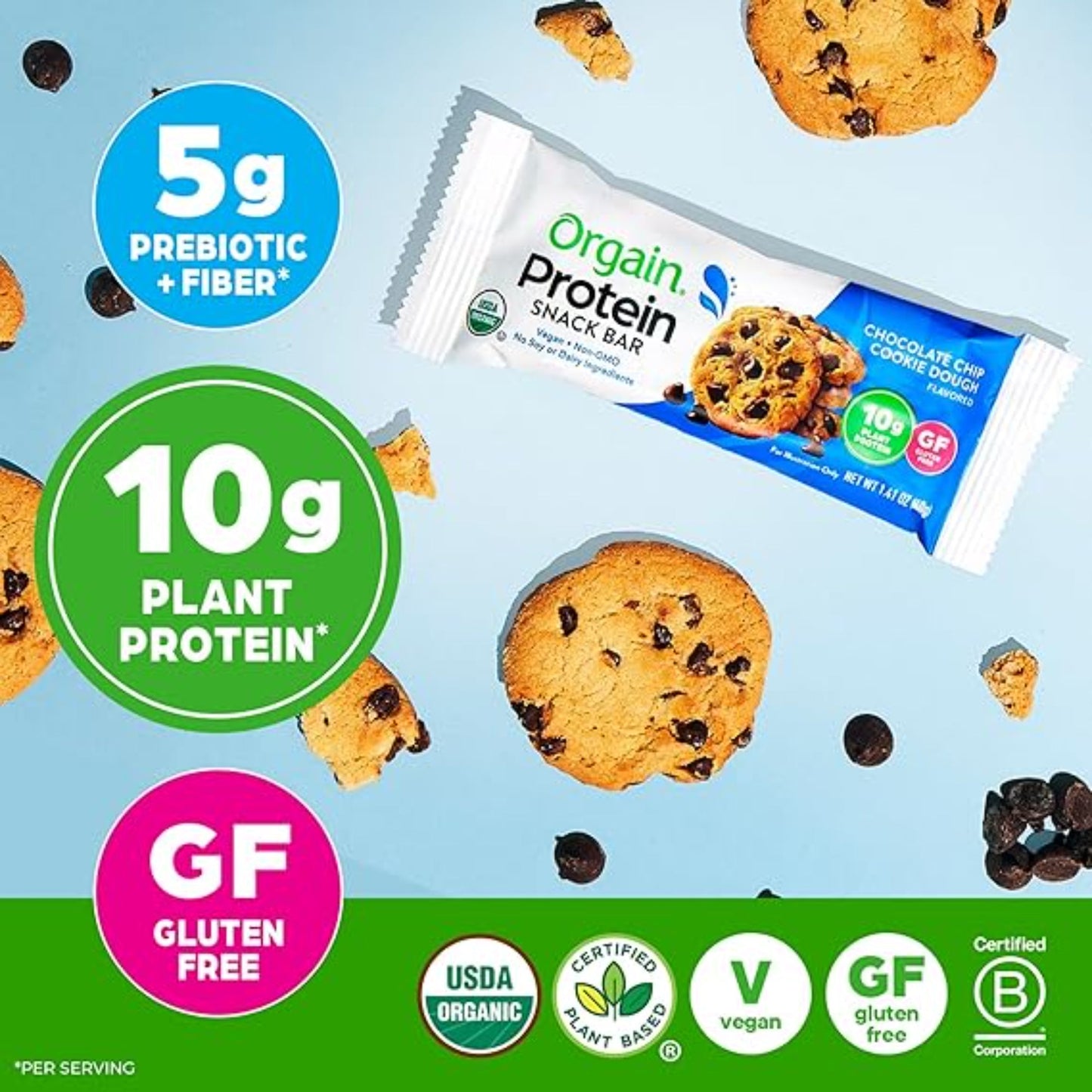 Orgain Organic Vegan Protein Bars, Chocolate Chip Cookie Dough - 10g Plant Based Protein, Low Calorie Healthy Snacks, No Lactose or Soy Ingredients, Gluten Free, Non-GMO - 1.41 Oz (Pack of 12)