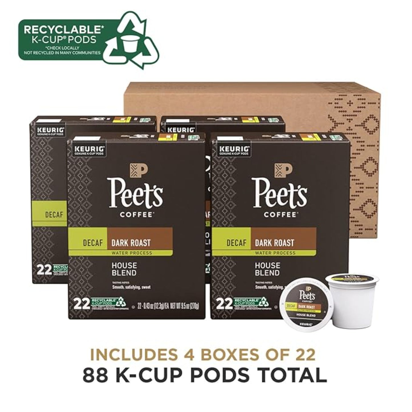 Peet's Coffee, Dark Roast Decaf Keurig K-Cup Pods - Decaf House Blend 88 Count (4 Boxes of 22 K-Cup Pods)