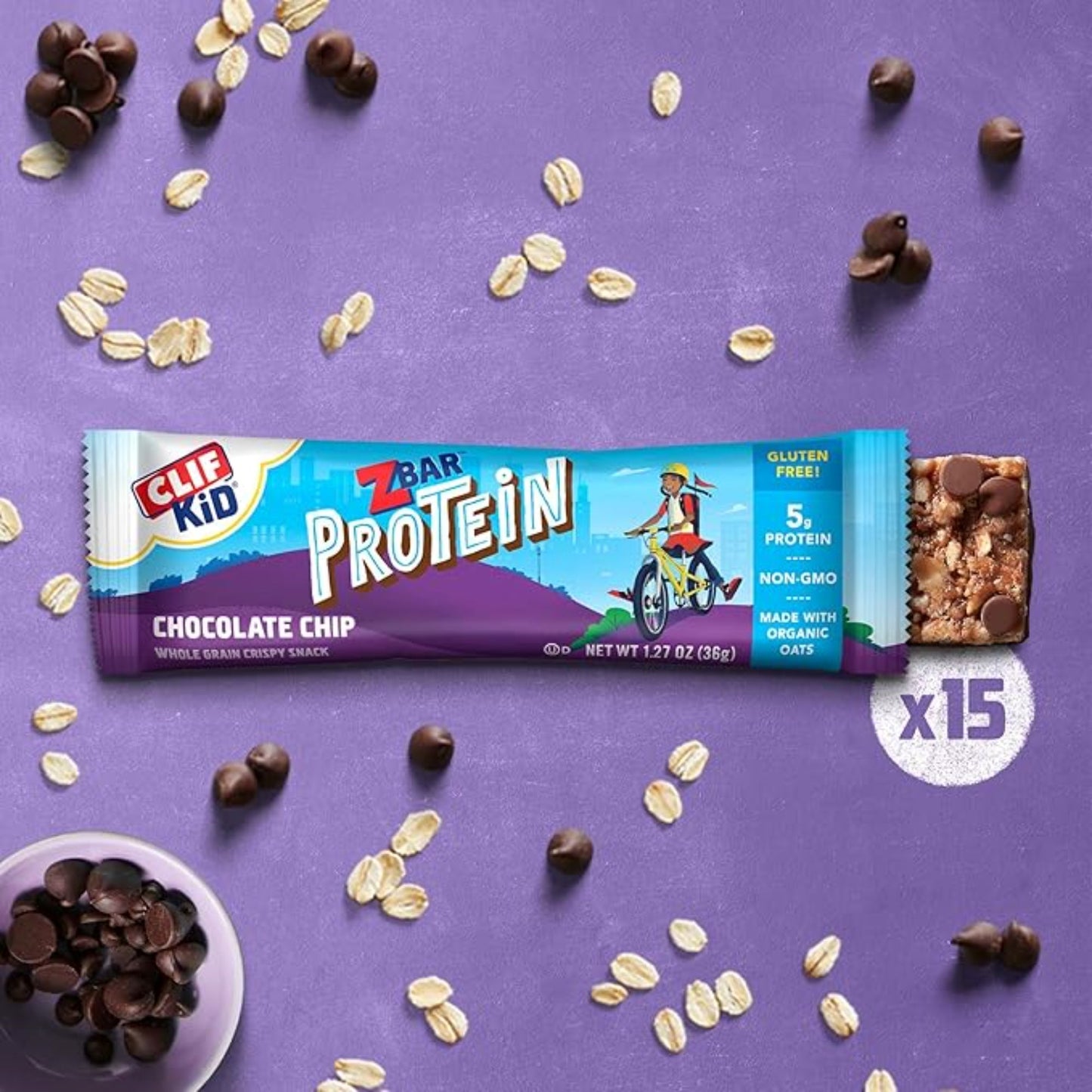 Zbar Protein - Chocolate Chip - Crispy Snack Bars - Made with Organic Oats - Non-GMO - 5g Protein - Gluten Free Protein Bars (15 Pack)