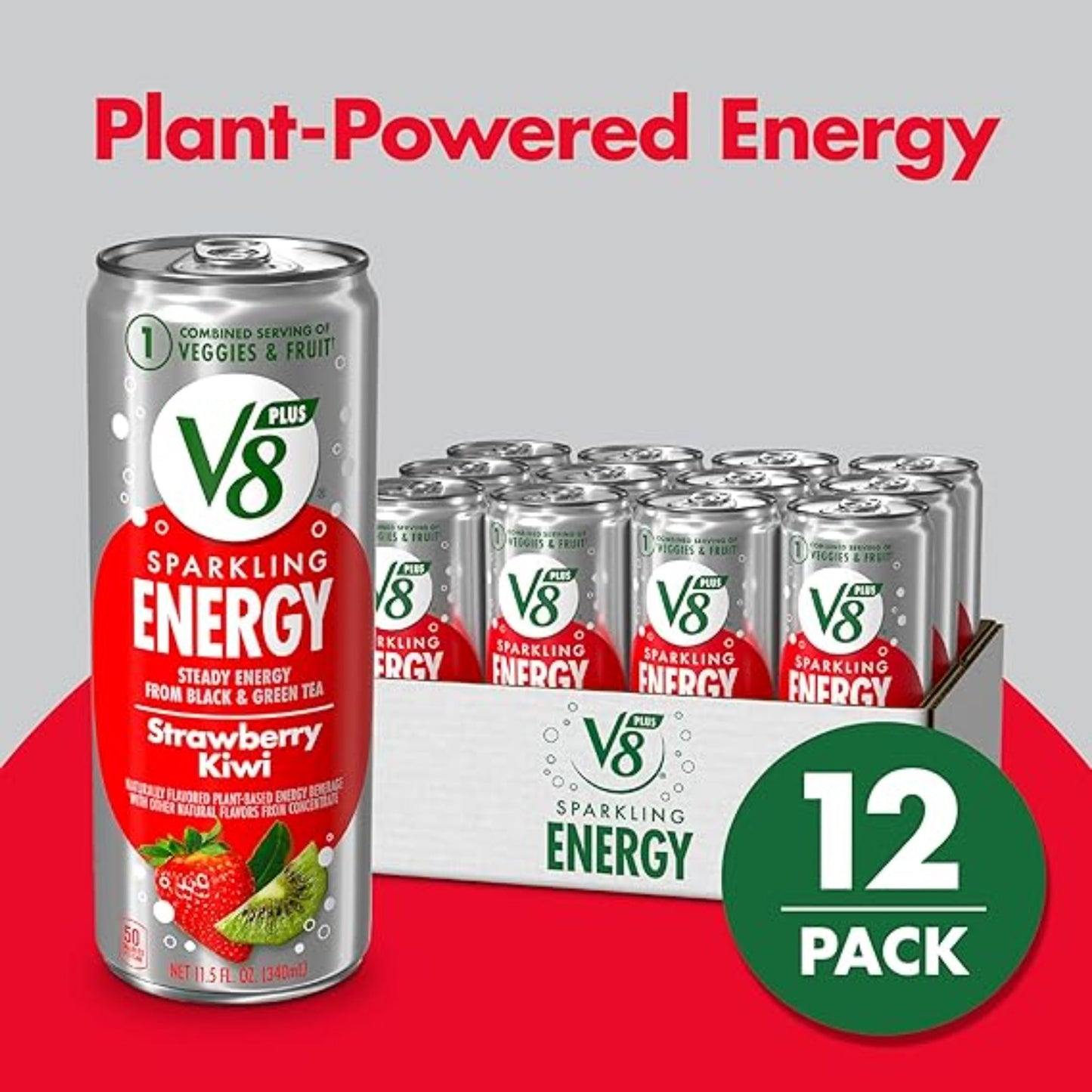 V8 +SPARKLING ENERGY Strawberry Kiwi Energy Drink, Made With Real Vegetable And Fruit Juices, 11.5 FL OZ Can (Pack Of 12)
