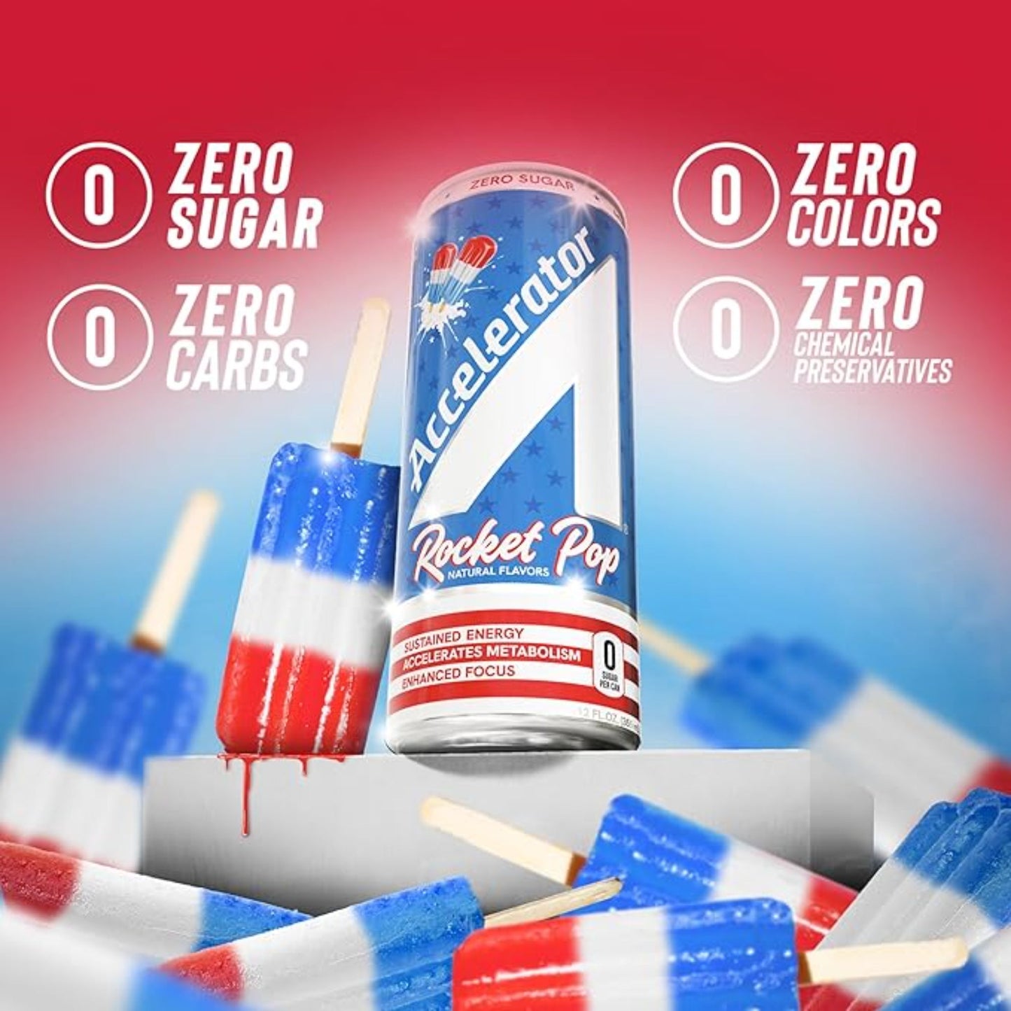 Accelerator Active Energy Drink Sugar Free Zero Carbs, Rocket Pop 12oz can(12 pack) Enhanced Focus & Sustained Energy from 100% Natural Caffeine (200mg), Ashwagandha, Coq10 & Green Tea Extract