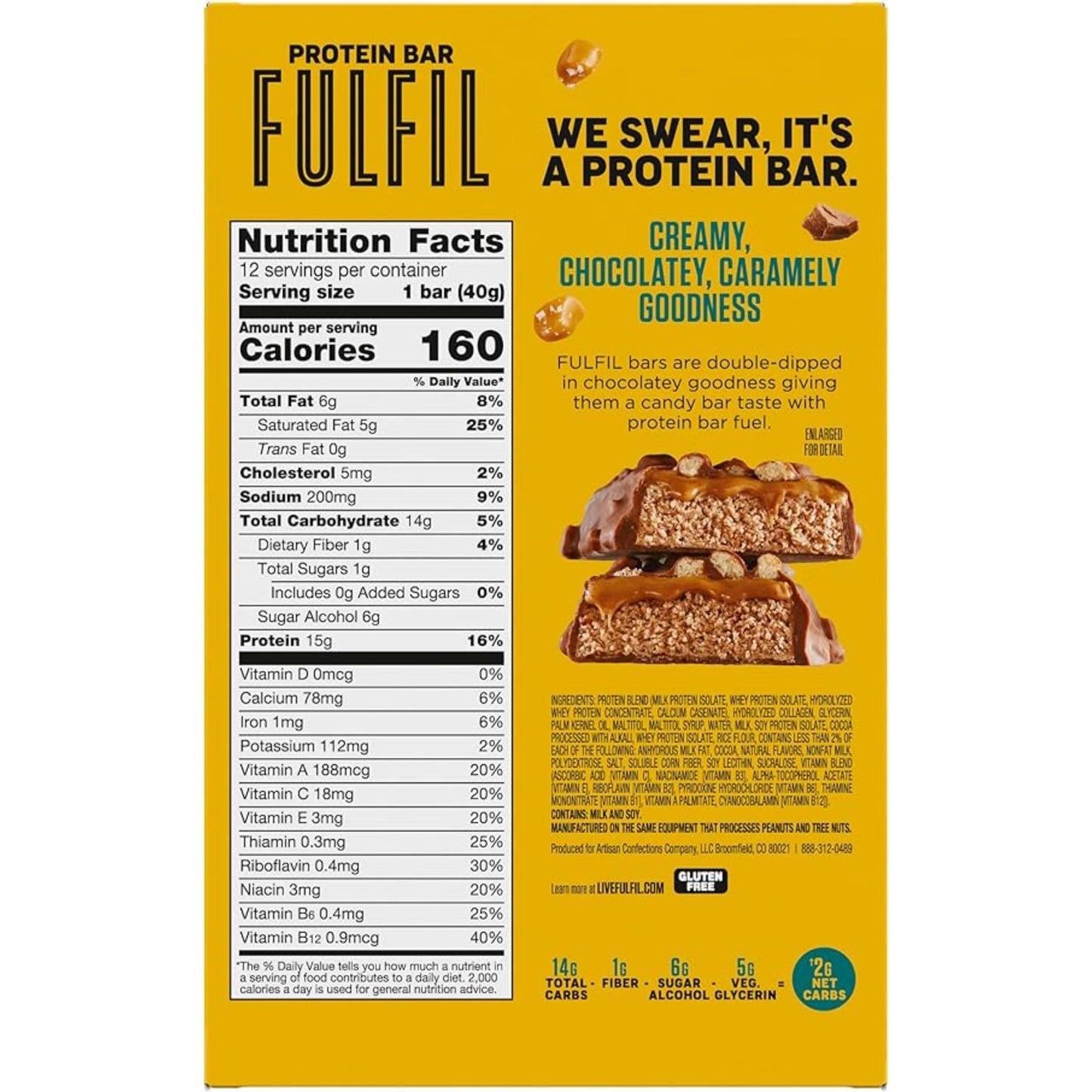 FULFIL Protein Snack Bars, Chocolate Salted Caramel Flavored, Gluten Free with 15g Protein, Pantry Staples, 12 Count