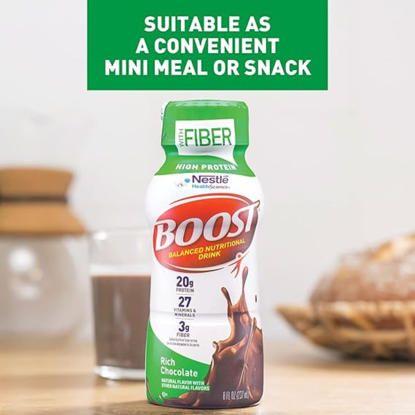 BOOST High Protein with Fiber Ready to Drink Complete Nutritional Drink, Rich Chocolate, 8 fl oz Bottle, 24 Pack
