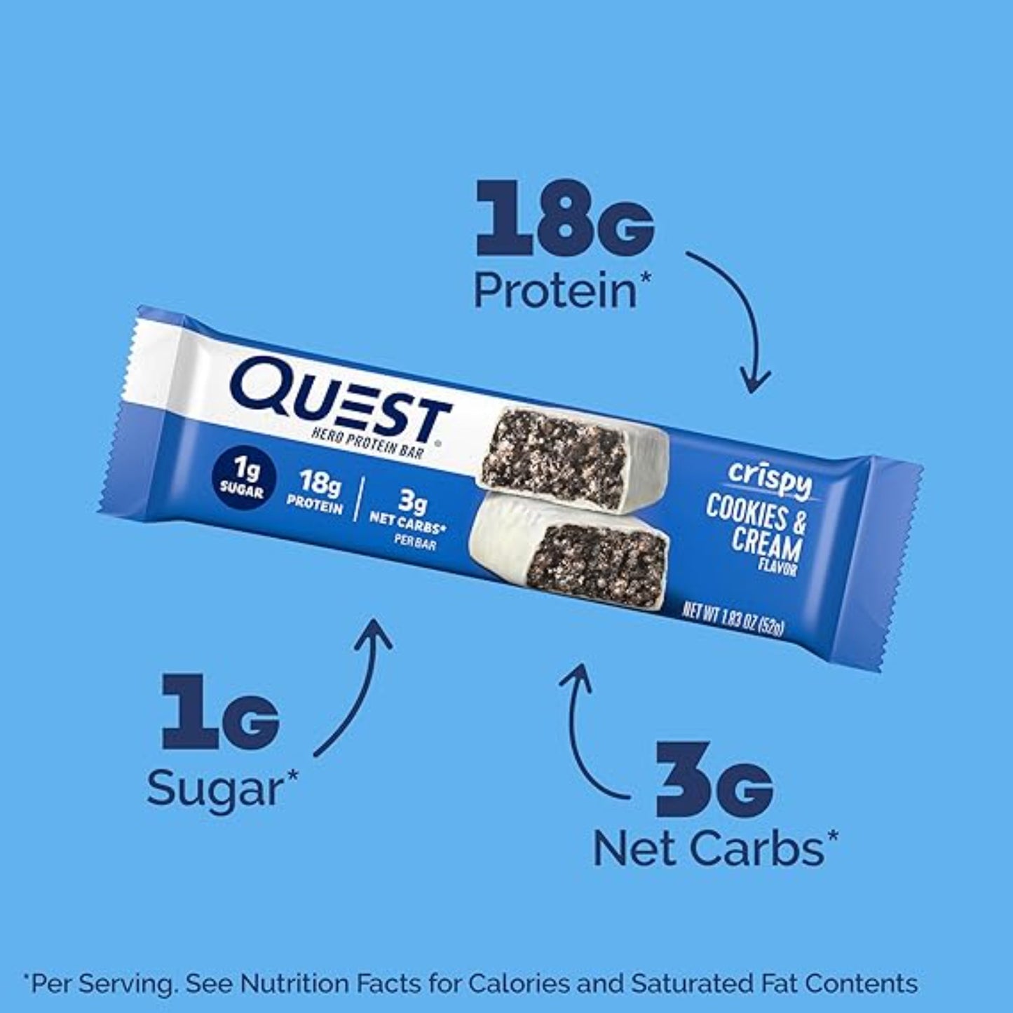Quest Nutrition Crispy Cookies & Cream Hero Protein Bar, 18g Protein, 1g Sugar, 3g Net Carb, Gluten Free Protein Snack, Keto Friendly, 12 Count