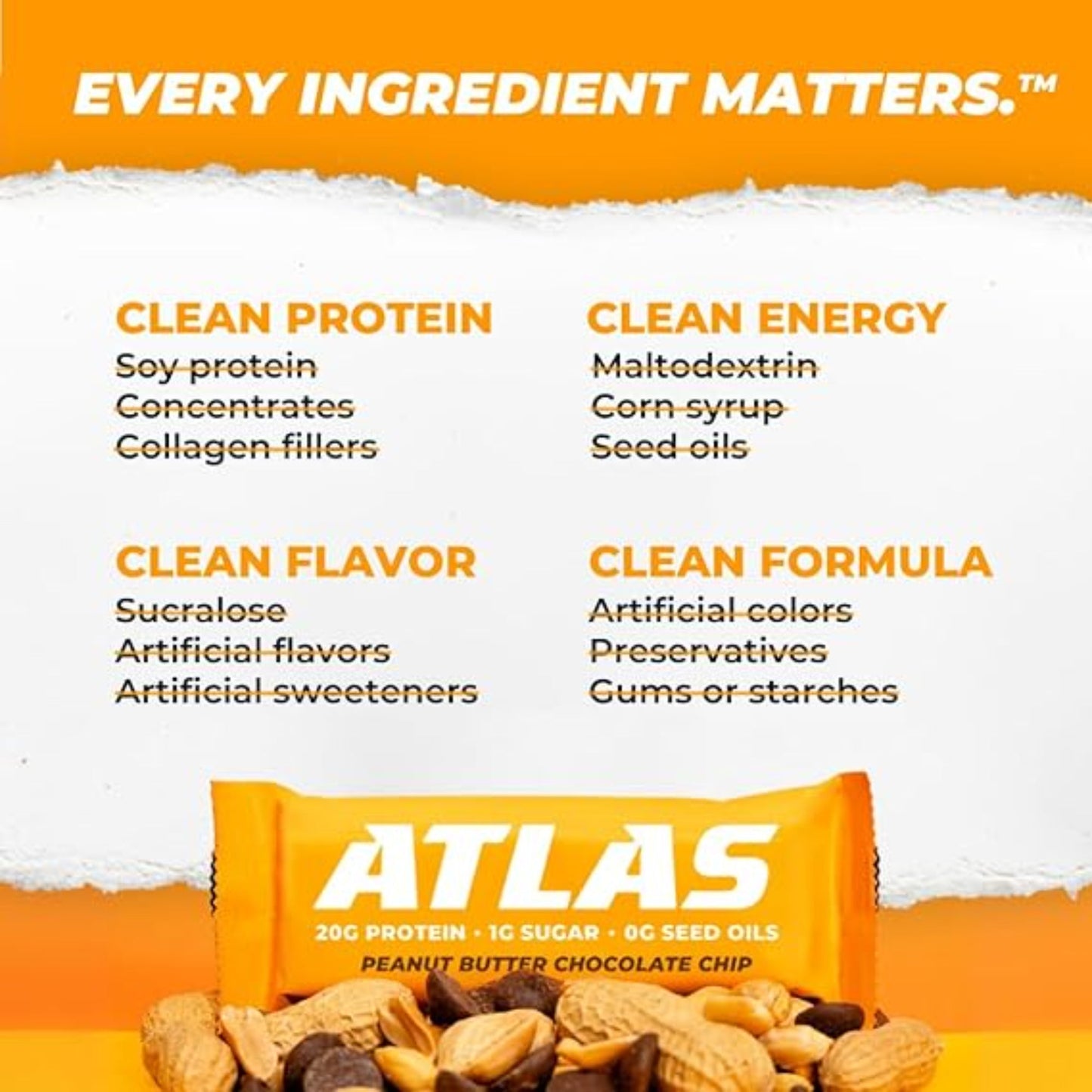 Atlas Protein Bar – 20g Clean Protein, 1g Natural Sugar, No Seed Oils, Gluten Free, No Artificial Sweeteners, Peanut Butter Chocolate Chip, 12 Count