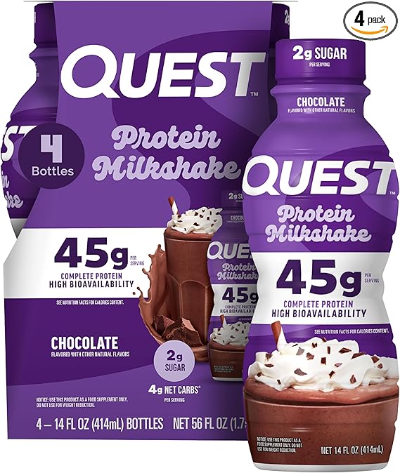 Quest Nutrition Chocolate Protein Shake, 45g Protein, 2g Sugar, 4g Net Carbs, Ready to Drink, Gluten Free, 4 Count
